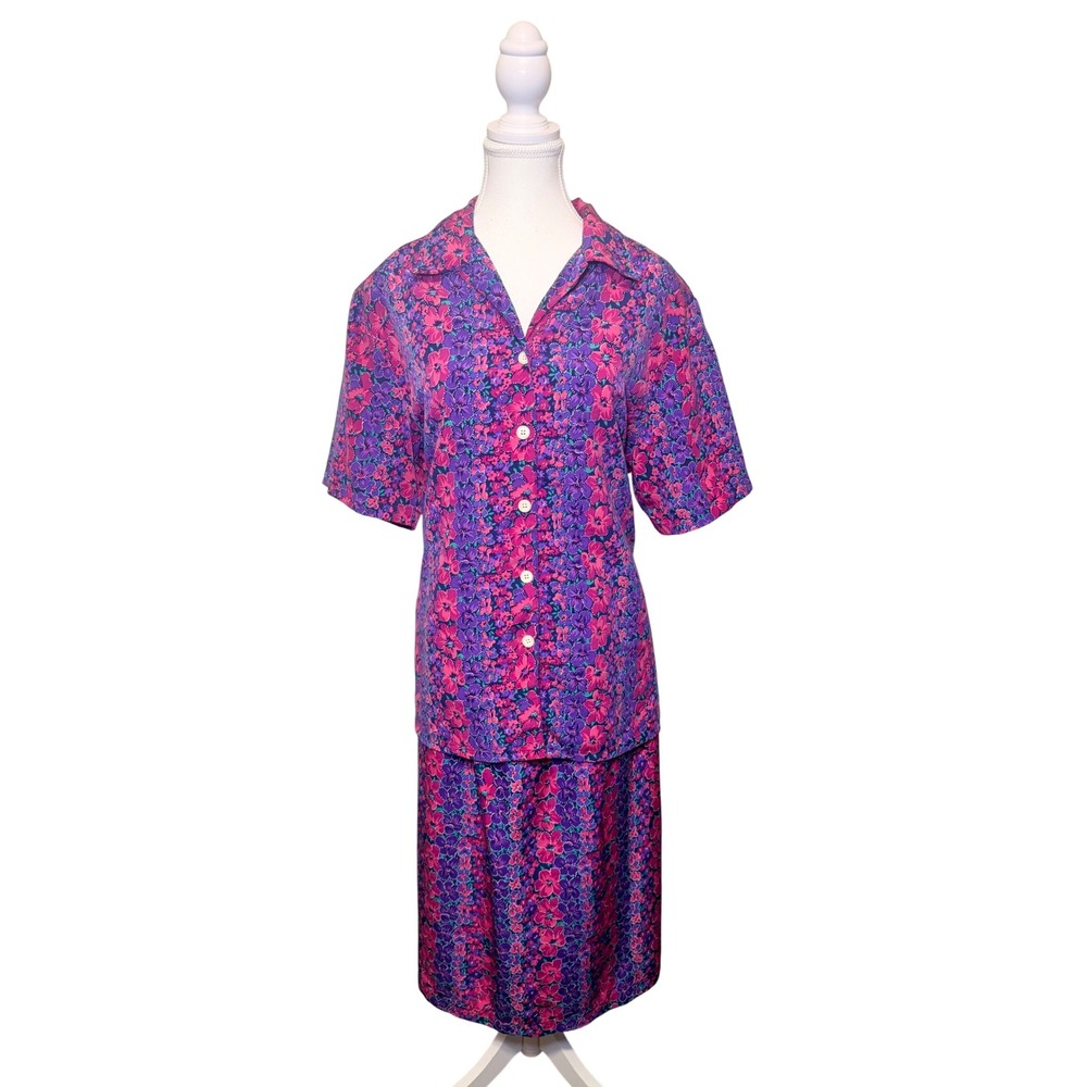 Vintage 80s 90s Floral Skirt Set Matching Two Piece Purple Pink XL